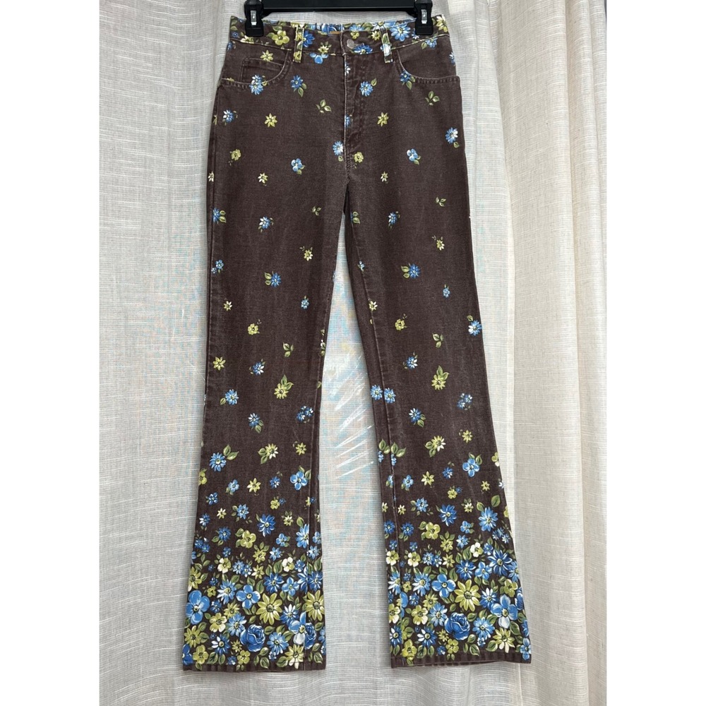 90s Y2K Vintage Blue Asphalt Flare Jeans Floral Blue Yellow Brown Womens Size 26